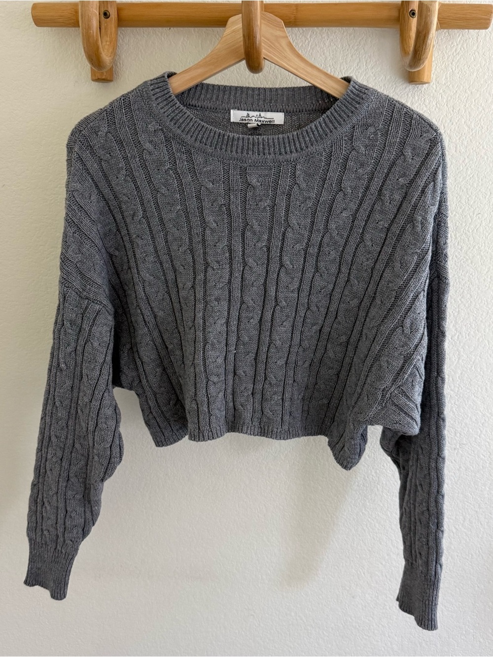Y2K preppy cozy chic Heather grey cable-knit cropped relaxed knit sweater size M